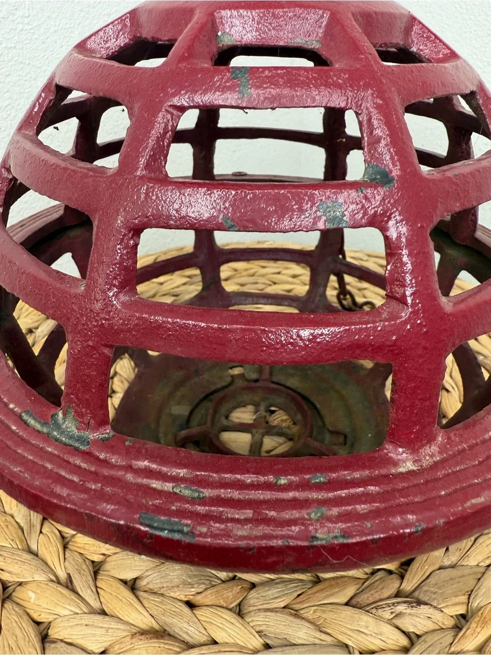 Vintage Japanese Hand-Cast Iron Orb Hanging Lantern Dark Red Maroon Garden Lamp